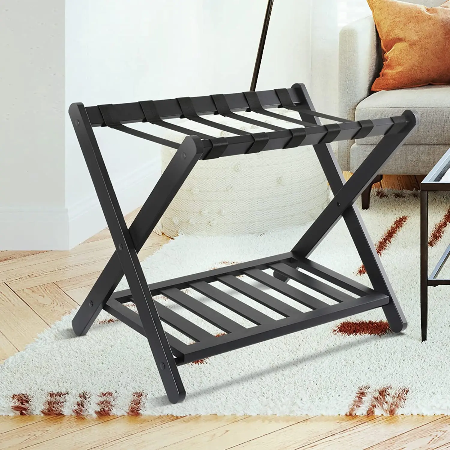 Bamboo Luggage Rack With Shelf Wooden Folding Luggage Rack For Guest