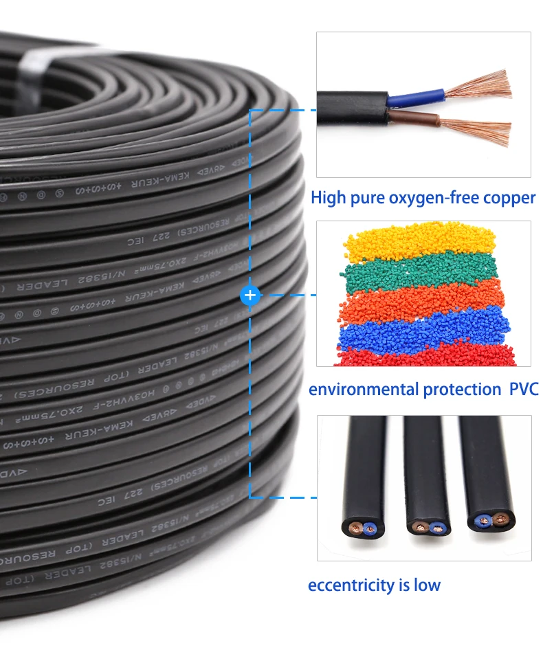 rvvb cable VDE flat power cable H03VV-F 2*0.3mm bare copper wire monitoring wire pvc insulate