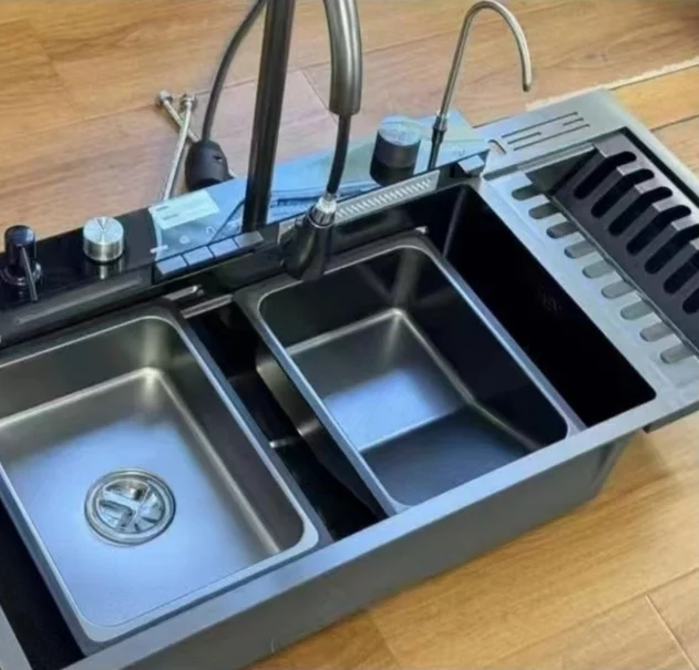 Customized New Multi-function Matte Black Dishwasher Faucet Stainless Steel Kitchen Sink with Brass Valve Smart Basin Sink