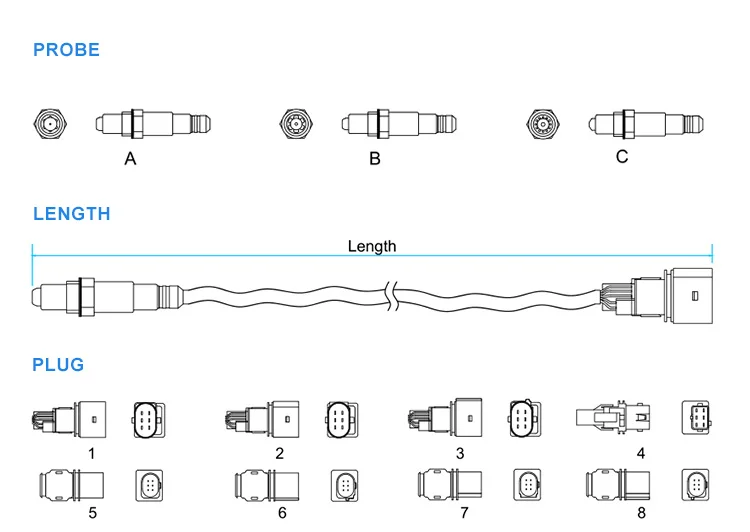 GoSens 031 Oxygen Sensor for Volkwagen OE#07C906262AJ,07C906262AK,07C906262AL,07C906262AM,1K0998262G,250-25007,0258007355 Front O2 sensor length 772mm wires 5 1999-2005