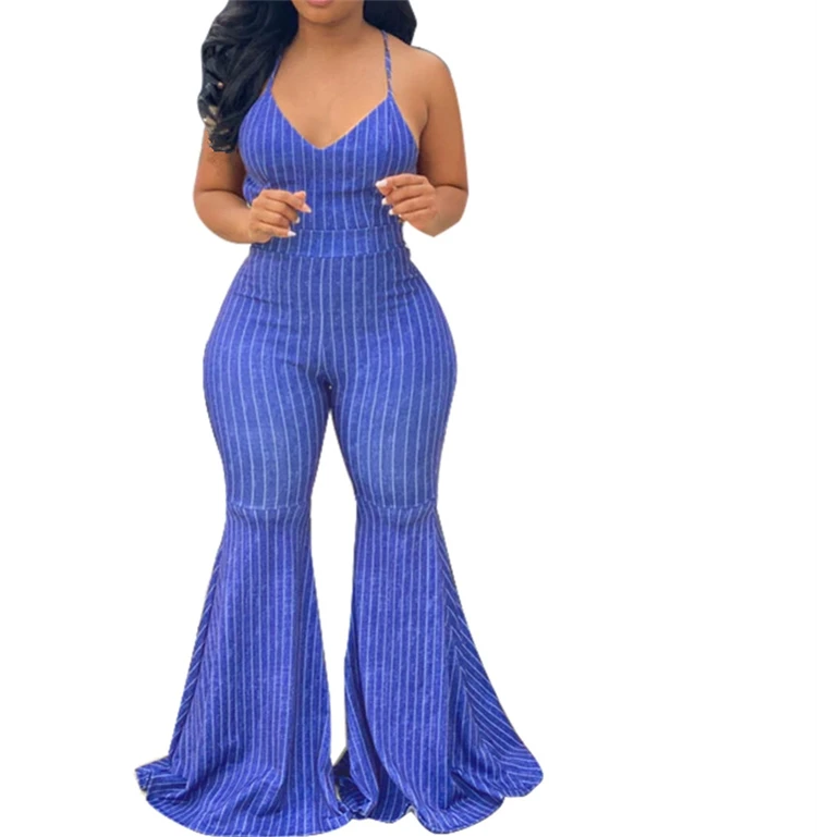 

Wholesale clothes custom 2020 summer women striped jumpsuit blue