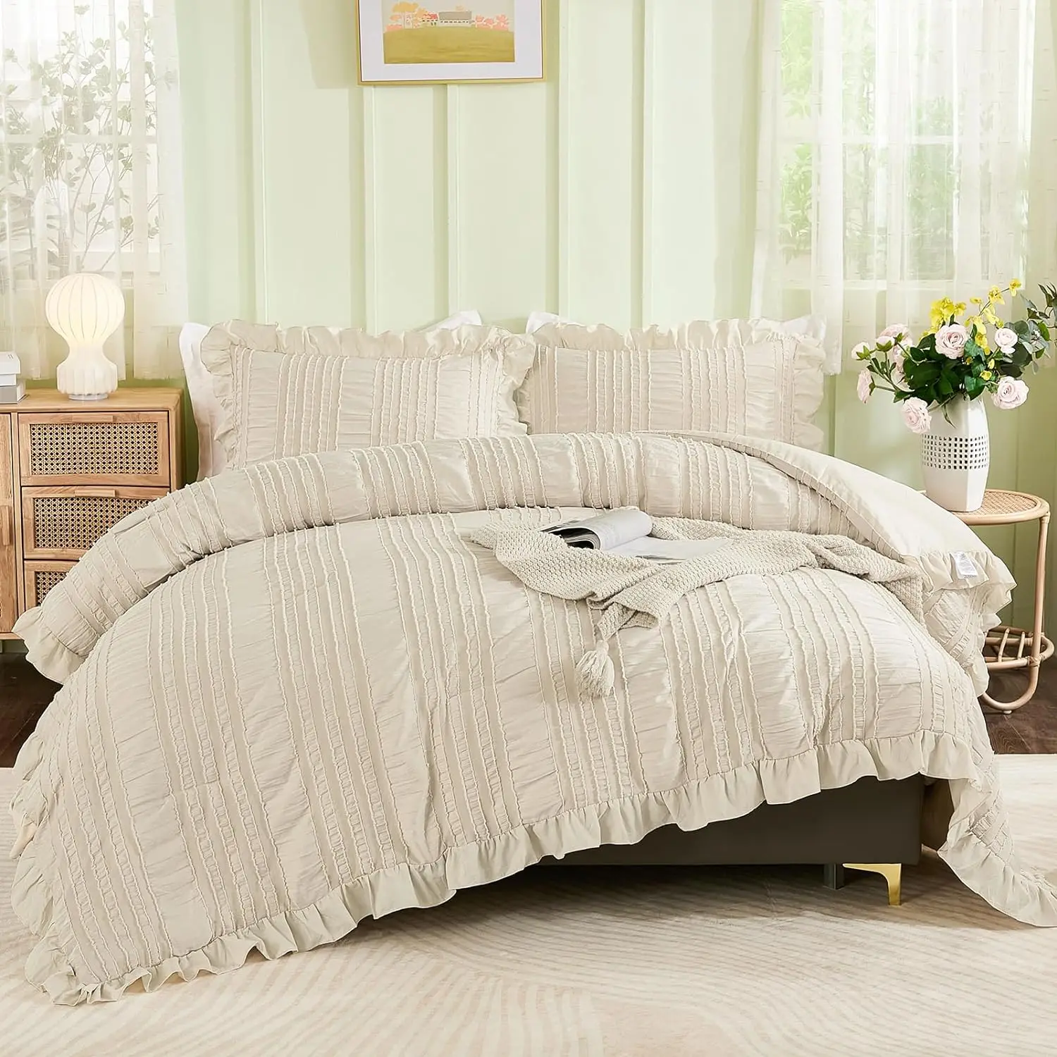 Beige Seersucker Comforter Set 3 Pieces Ruffle Farmhouse Shabby Chic Custom Comforter Soft Microfiber Bedding Set details