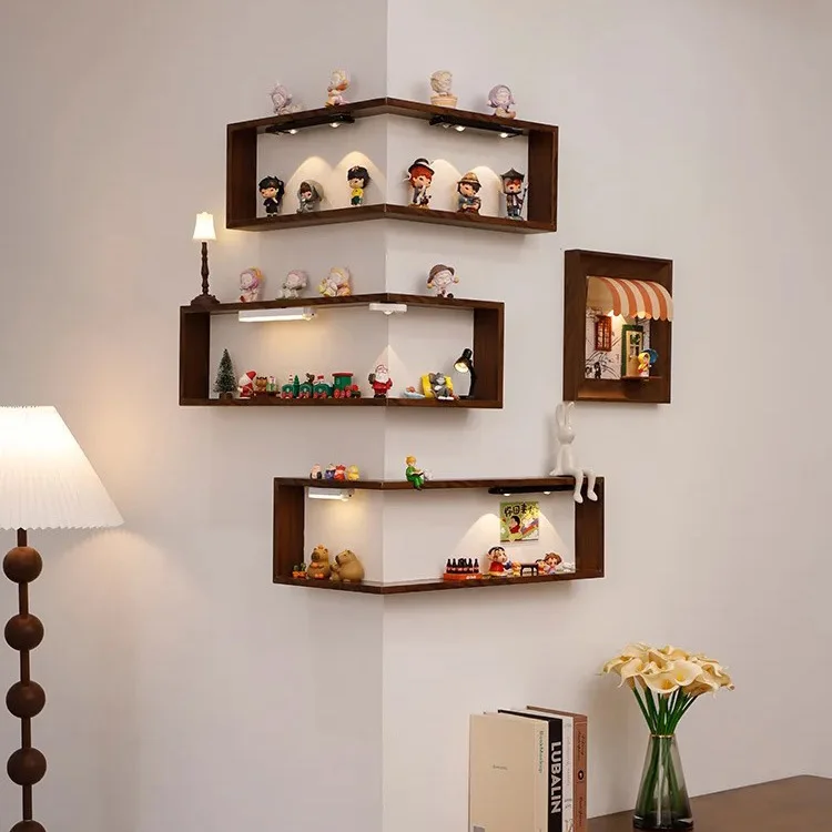Wall-Mounted Solid Wood Corner Shelf for Action Figures Multi-Layer ...