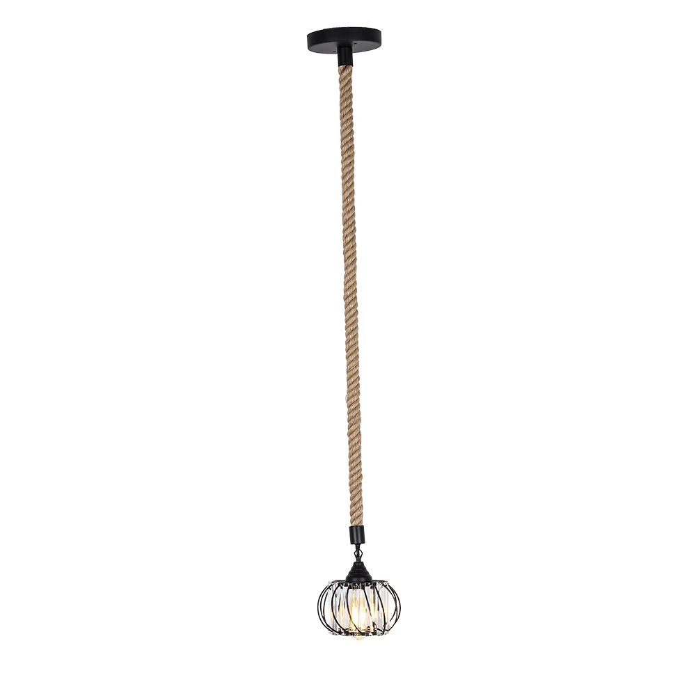 Hemp rope long hanging light black iron pendant light