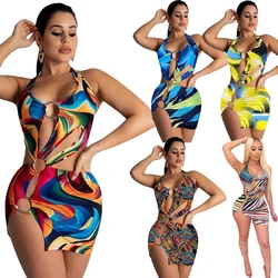 2021 Fashionable Women Print Casual Swimsuit Ladies Hollow Cut Out Sexy Mini Dresses Colorful swimming dress