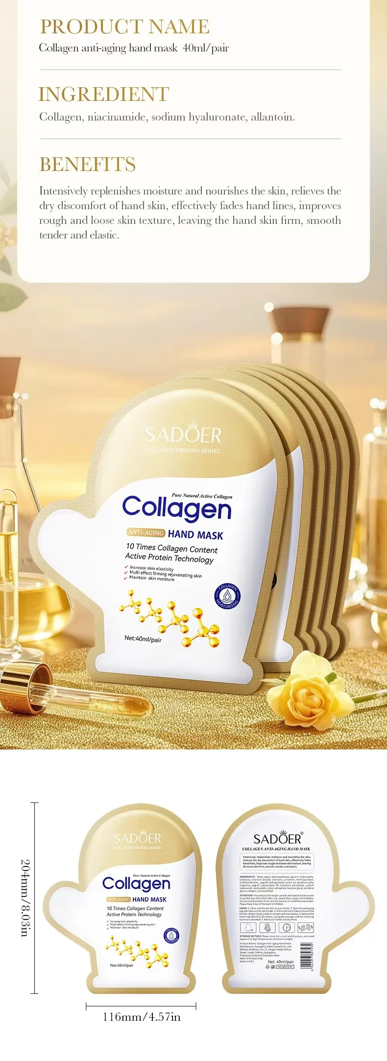 SADOER Collagen Hand Mask Gloves Anti-wrinkle Exfoliating Peeling Moisturizing Brightening Smooth Hand Sheet Mask Skin Care
