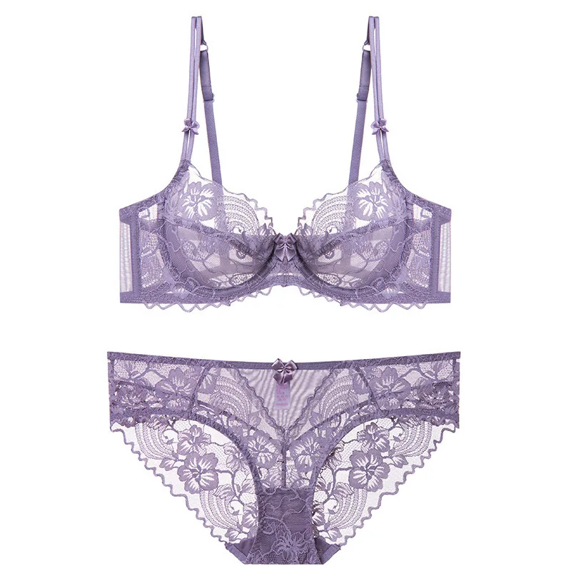Pure Desire Summer French Bra Set Floral Patterned Breathable Lace Underwear for Big Chest High-Sexy Thin Cup Bikini Plain Dyed