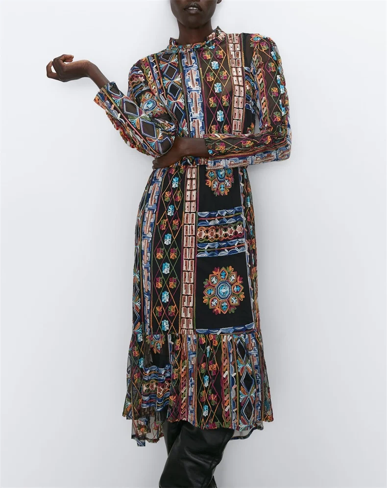 African kitenge designs long sleeve tulle embroidery dress for women