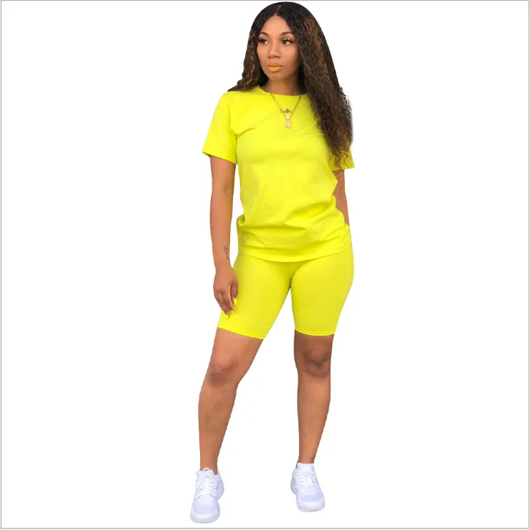 Hot Sale  Women Clothing  Polyester  Short Sleeves Neon Two Pieces Shorts Set Casual 2 Piece Women Outfit