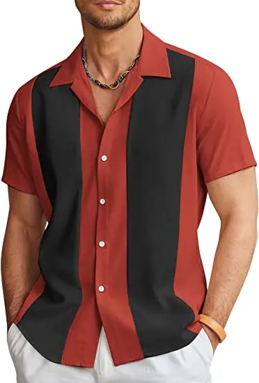 Men's Vintage Bowling Shirt Short Sleeve Button Down Summer Cuba Beach Shirts240_voghion.com