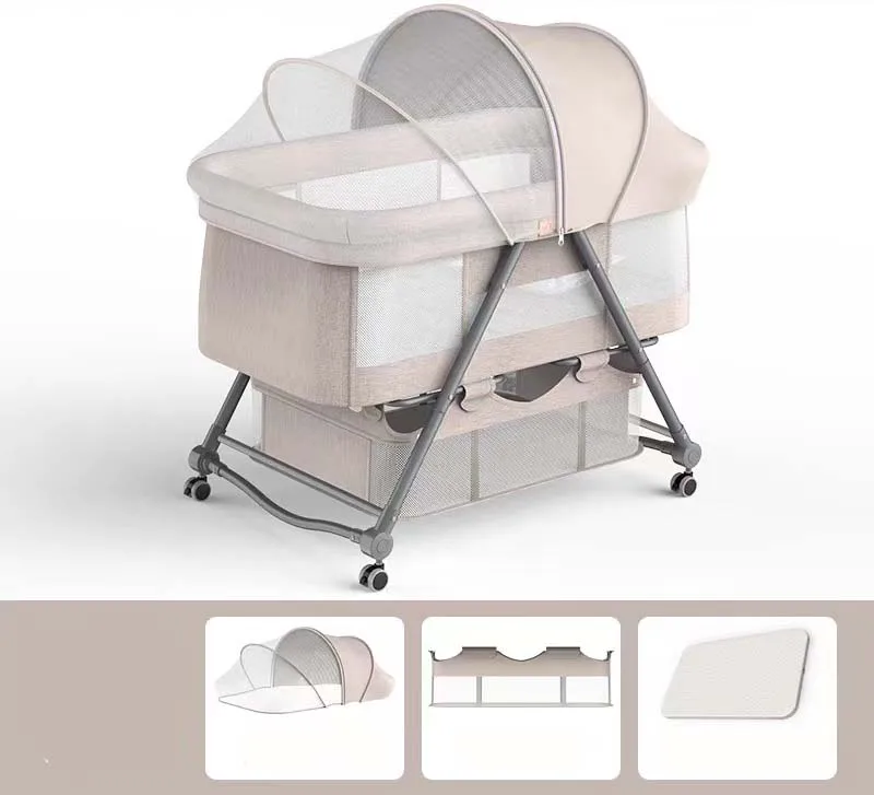 2023 factory whole sale high quality rocking cradle aluminum alloy playpen with universal wheels mosquito net for 0-2 years kids