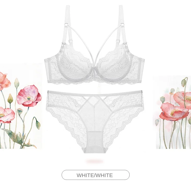 Women's Sexy Lace Ultra-Thin No Sponge Bra Set Transparent Adjusted-Straps Low-Rise Bikini Panties Logo Waist for Large Chest