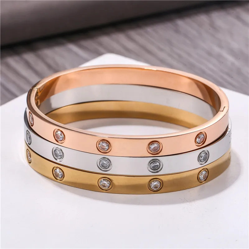 Women's Stainless Steel 18K Rose Gold Plated Rhinestone Crystal Bangle Bracelets