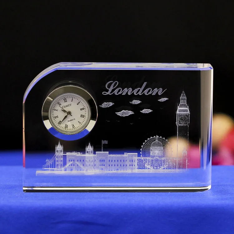 Customized promotion gifts crystal clocks with 3D laser engraving details