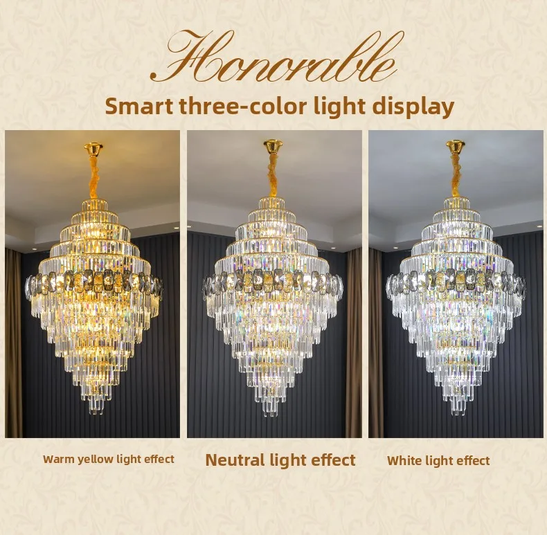 product luxury gold crystal chandelier pendant light for hotel villa living room stairs adjustable height iron ceiling installation-14