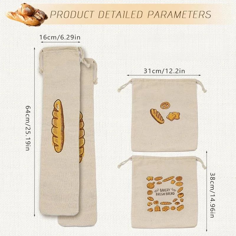 Custom 100% Cotton Linen Reusable Bread Bag & Baguette Bag Set Homemade Drawstring Sourdough Bread Bags for Food Storage Wrap factory