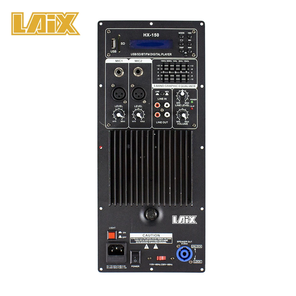 DSP-enabled active subwoofer amplifier board with USB port, LCD screen, and rotary encoder