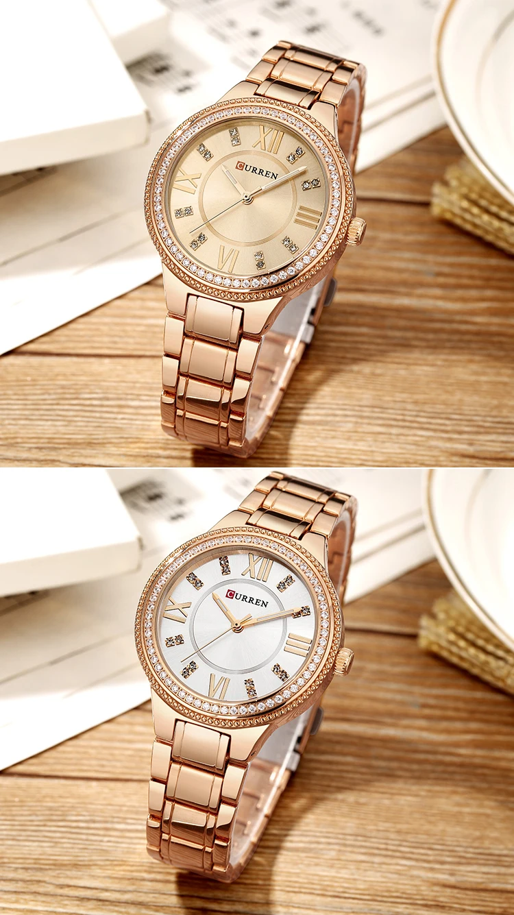 Top Fashion Women Curren 9004 Luxury Crystal Elegant Bracelet Waterproof Lady Quartz Luxury Female Golden Stainless Steel Watch