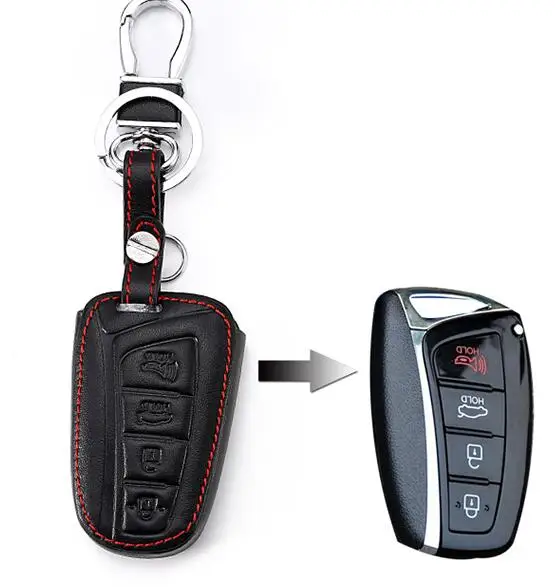 Kulit Asli Gantungan Kunci 4 Tombol Smart Kunci Case Penutup untuk Hyundai SantaFe/Equus/Azera/Genesis Mobil Styling (B) l280