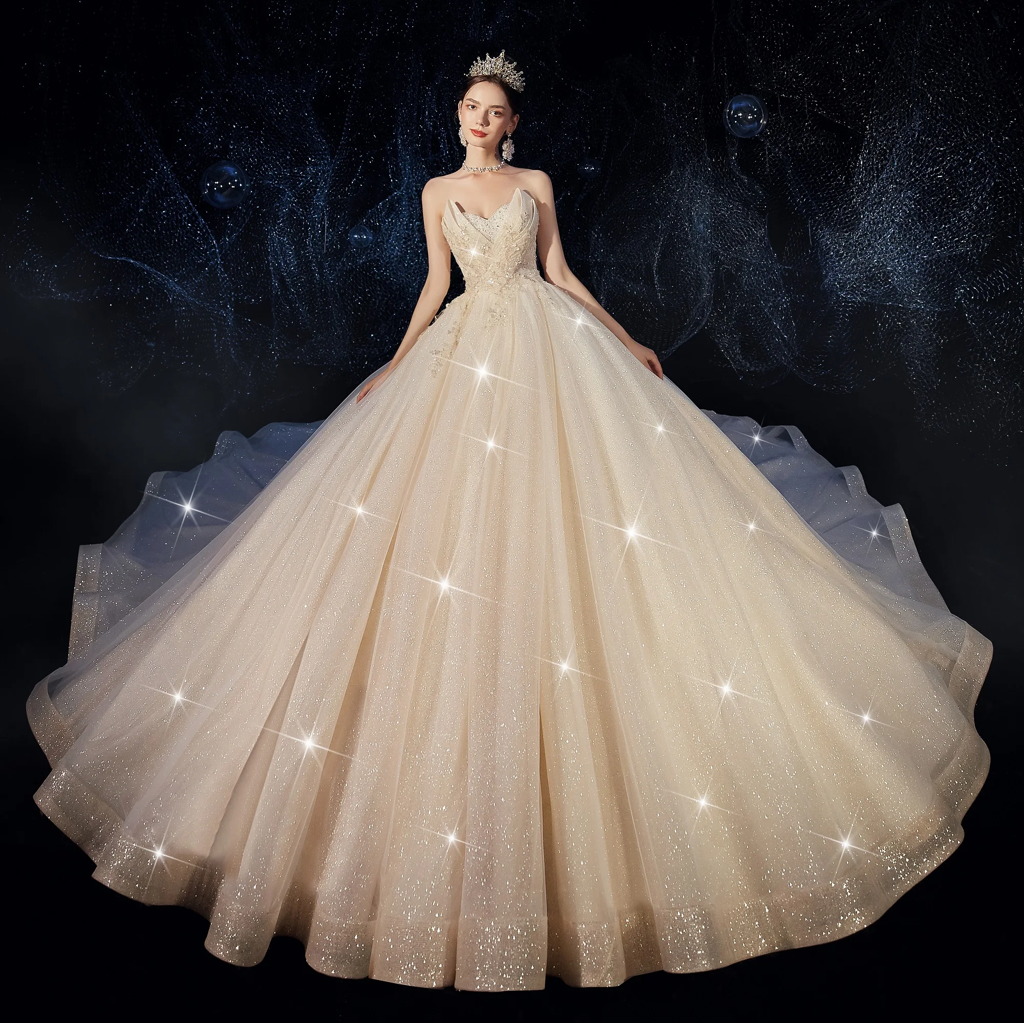 2020高新娘礼服重珠饰亮片无袖无肩带豪华婚礼宴会礼服新娘礼服 - buy