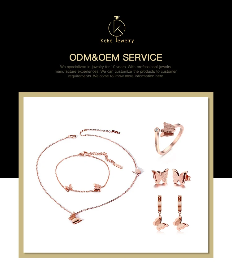 Wholesale Rose Gold Titanium Steel Butterfly Bracelet/Necklace/Ring/Earrings Women's Jewelry Jewelry Set BR-566