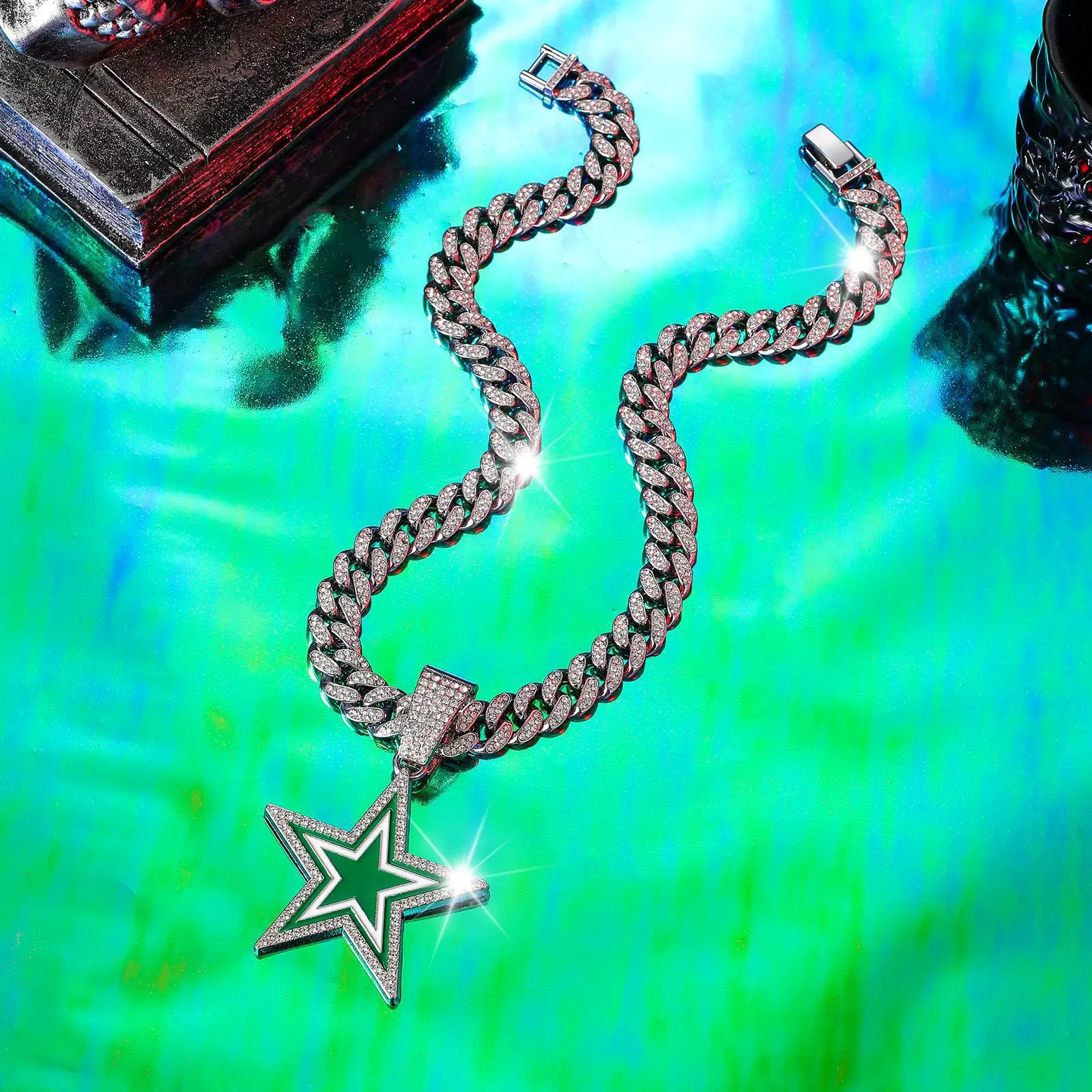 product european american style full diamond blue five pointed star pendant necklace fashionable hip hop design for men women for gift-24