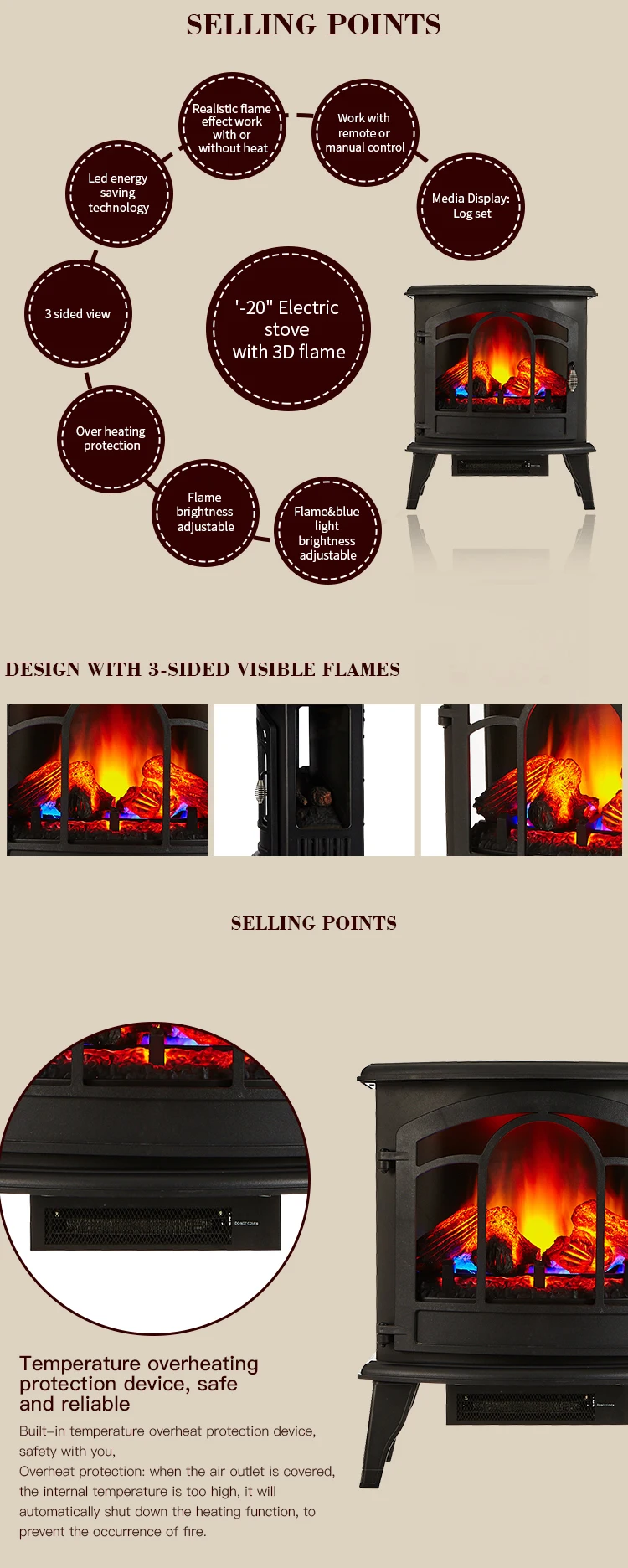 LED decor flame fire place electric portable fireplace heater