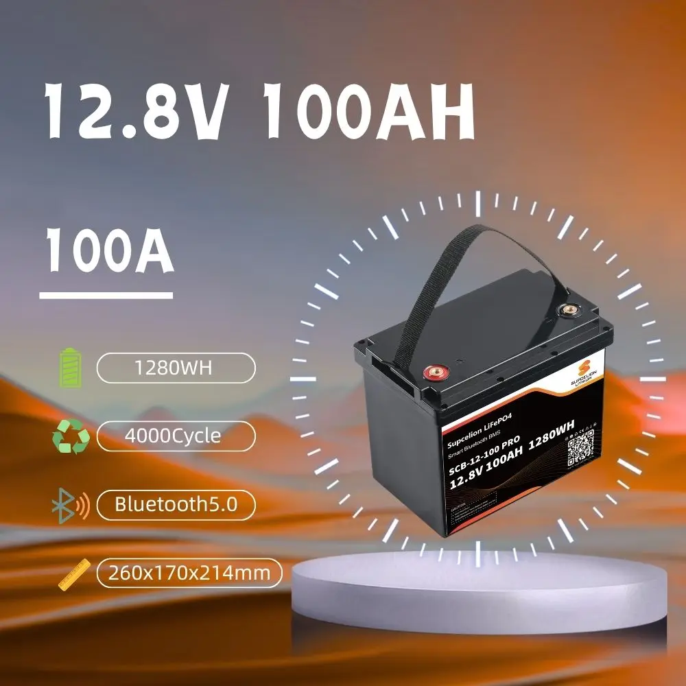 Bluetooth app interface showing real-time voltage, temperature, and SOC for a 12V 100Ah LiFePO4 battery