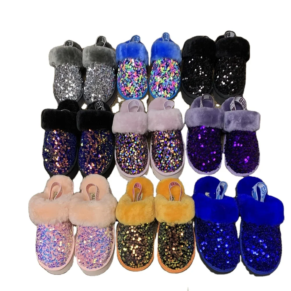 

Wholesale hot-selling new diamond-studded wool women's scuffette Ii stellar sequin slipper, Customized color