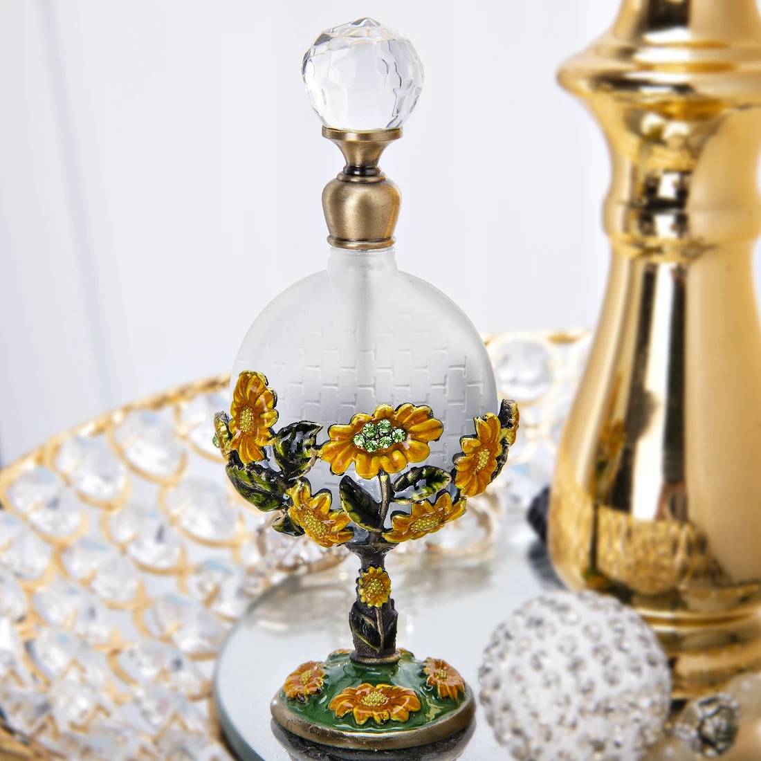 H&d Clear Vintage Sunflower Perfume Bottle Jeweled Crystal Empty