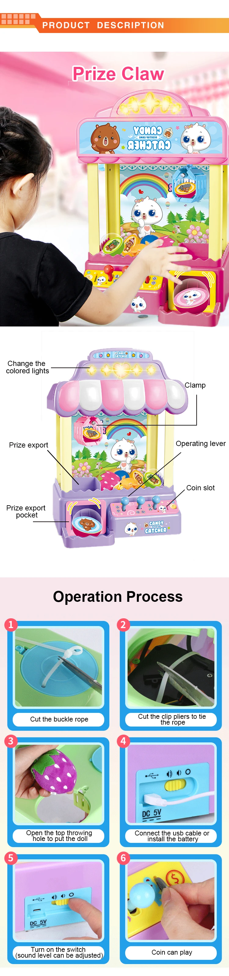 New arrival candy Grab Machine Game cute claw machine mini with balls & coins & USD line