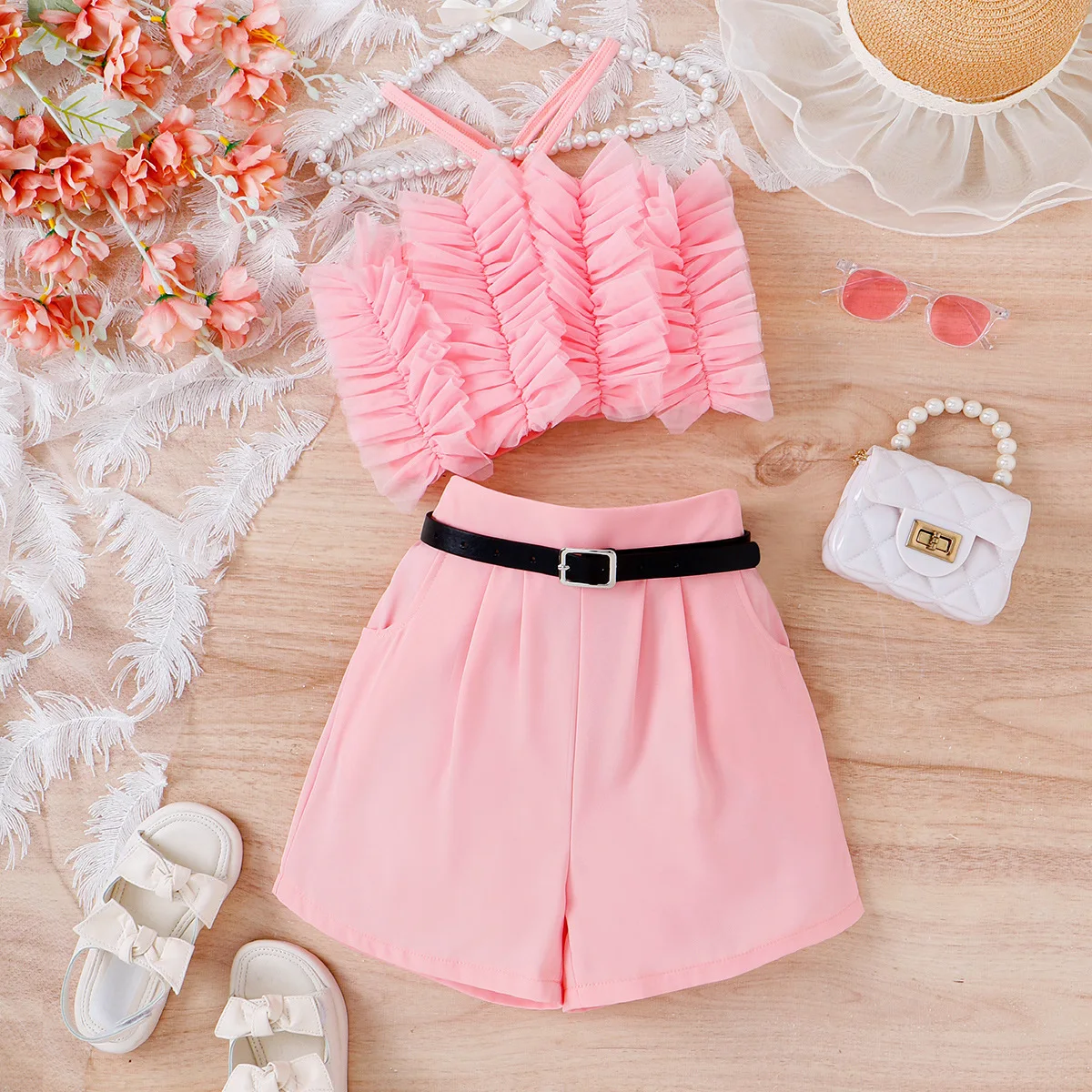 New Kids Clothes Sets Pink Cute Top Short with Belt Three Pieces Suit Clothes Little Girls Summer Clothes