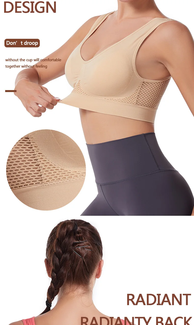 Women's Sports Bra Vest Large Size Yoga Sports Underwear Breathable Hollow Mesh Wire-Free Support Solid Pattern Summer-Thin
