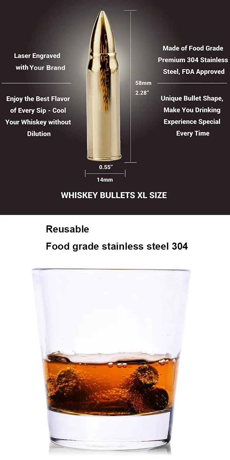 Newest Design Whiskey Bullet Steel Set Ice Cube And Stainless Steel Bullet Shaped Ice Cubes And