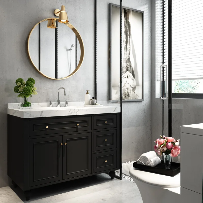 Nordic bathroom cabinet combination under the countertop round mirror American solid wood floor cabinet bathroom wash