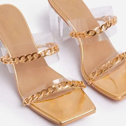 JANHE sandalias de mujer sendal sandalet female Clear Chain Two Strap Mule Shoes Ladies Chunky High Heeled Sandals For Women