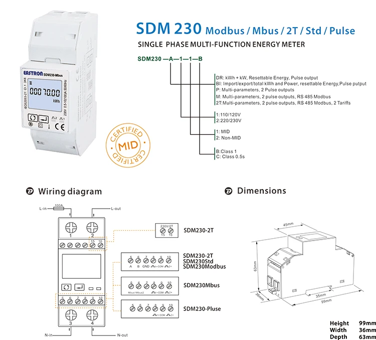 medidor de pulso pantalla LCD retroiluminada digital certificado MID SDM230 Modbus V2 RS485 monofásico Modbus RS485 RTU medidor de energía monitor de uso de electricidad 