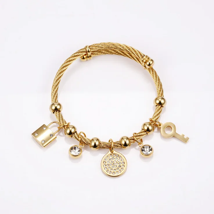 Cute Key Lock Stainless Steel Bracelet With Zircon Round Bangle Female Jewelry