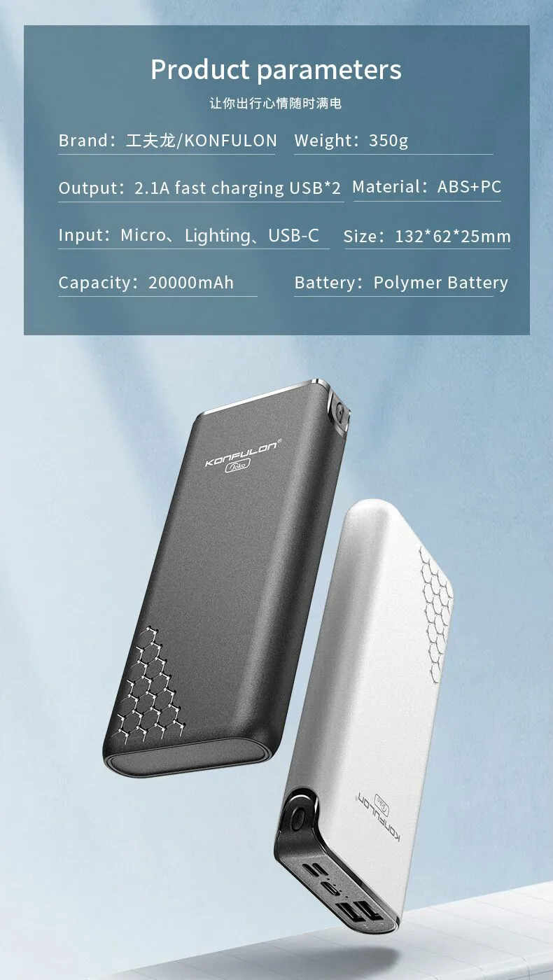 Konfulon Portable 3 Input Ports Power Bank 20000mAh High Capacity Thin Slim Small - ANKUX.COM