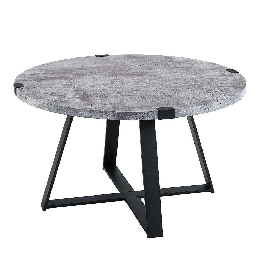 Modern Round Dark Faux Concrete Coffee Table With Black Metal