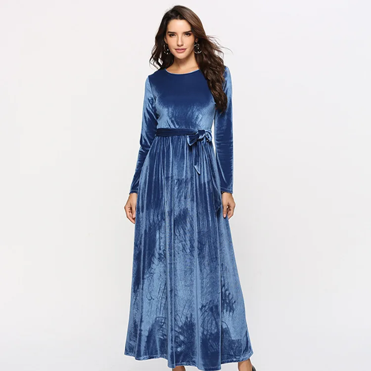 Amazon Hot Style Royal Blue Round Neck High Waist Women Velvet Dress ...