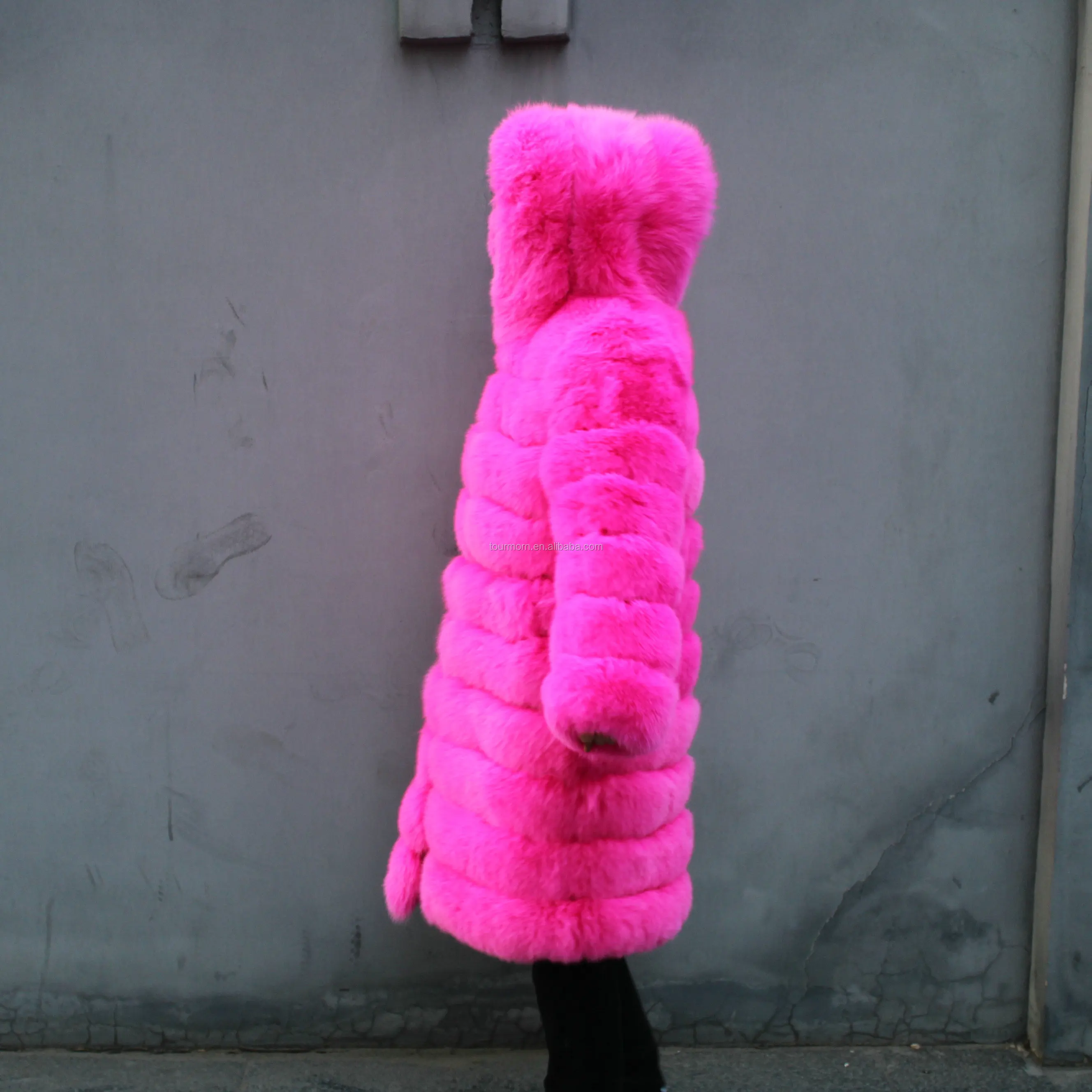 2020 Warm Hot Pink Long Fox Fur Coat With Hood Pockets Thick And Full