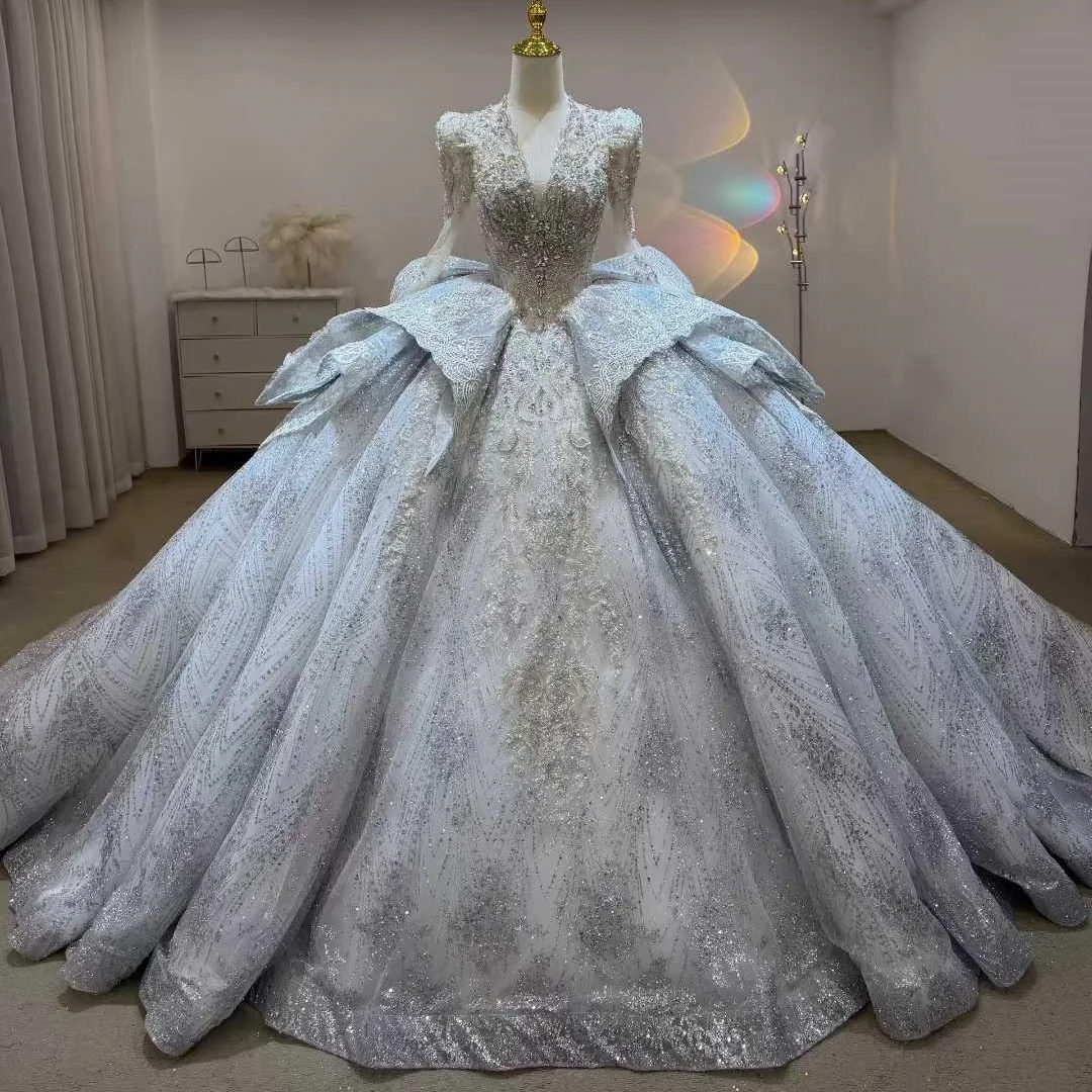 wedding dresses silver grey Silver Moonlight Off-Shoulder Lace-Embellished Gown with Sheer Long Sleeves