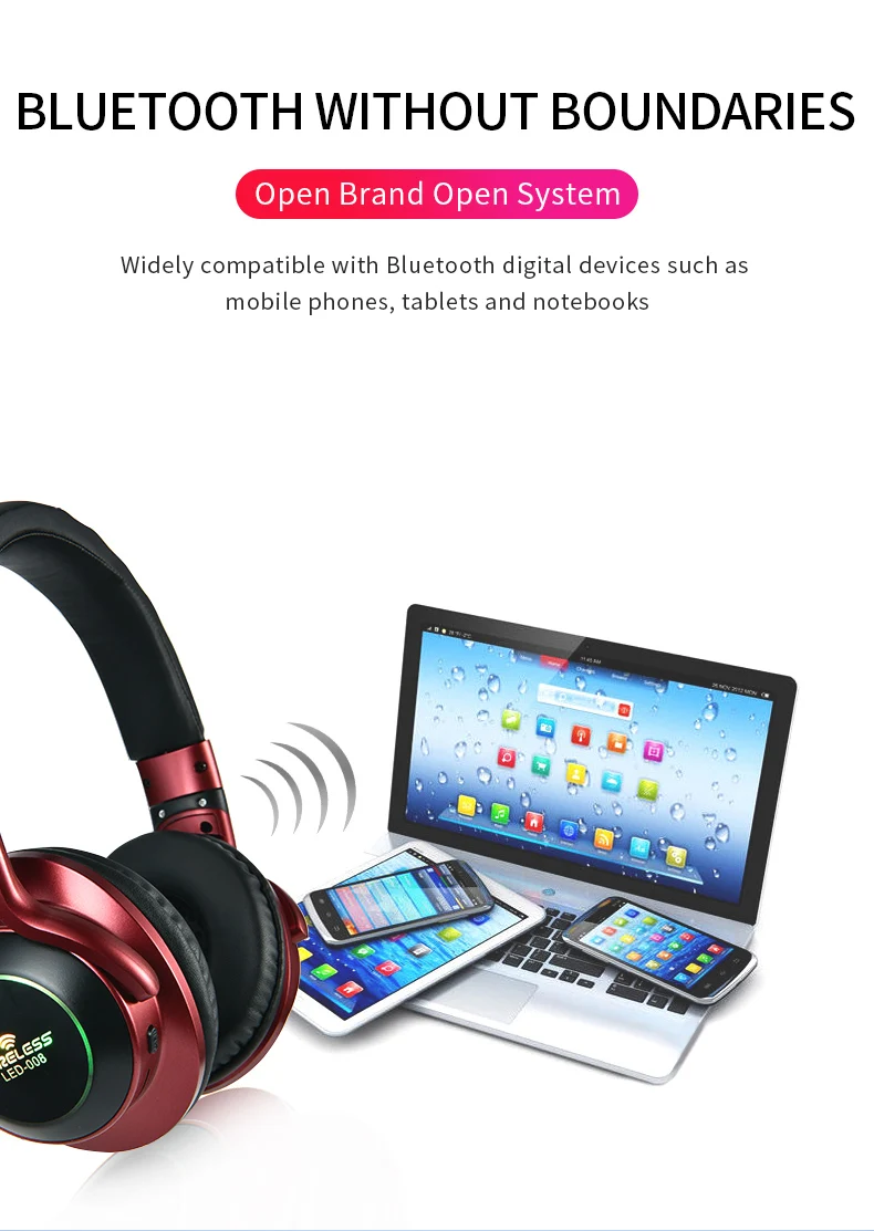 LED-008 LED Light Wireless Bluetooth Headphones 3D Stereo Earphone With Mic Headset Support TF Card FM Mode Audio Jack