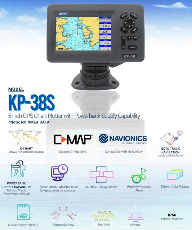 New! KP-38S 5-inch GPS chart plotter with Powerbank supply (no NMEA data)