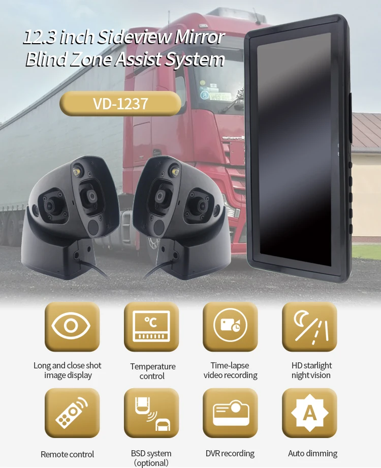 Auto Dimming 1080p Truck Side View Mirror Dual Lens Camera Mirror