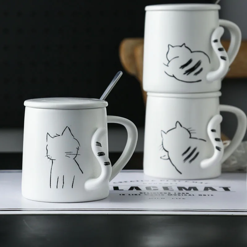 Novedad Copa de la mañana Leche de té Taza de Navidad 380ML Taza de gato Linda Taza de café de cerámica con tapa de gatito 3D Cuchara de acero inoxidable 