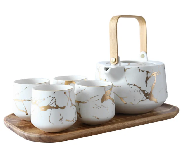 Modern Style Marble Design Porcelain Tea Set 37 fl oz Teapot with Handle and 4 Tea Cups On Wooden Tray, Black and White manufacture