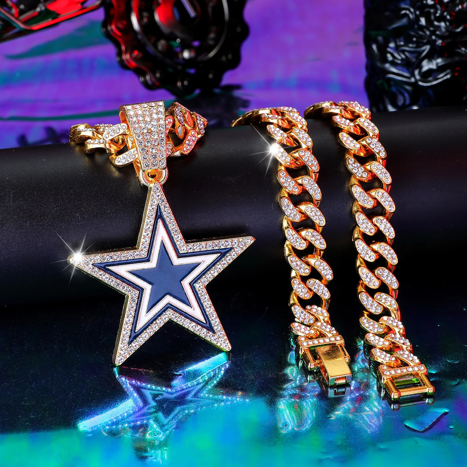 product european american style full diamond blue five pointed star pendant necklace fashionable hip hop design for men women for gift-5