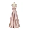 Graduation ball gown Light pink satin deep-v neckline girls long prom dress